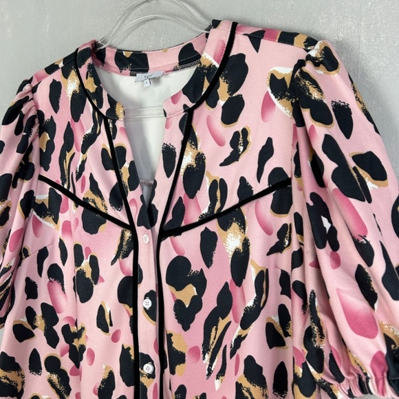 VOY size L pink leopard drop waist ruffle dress short puff sleeve button front - Picture 6 of 12